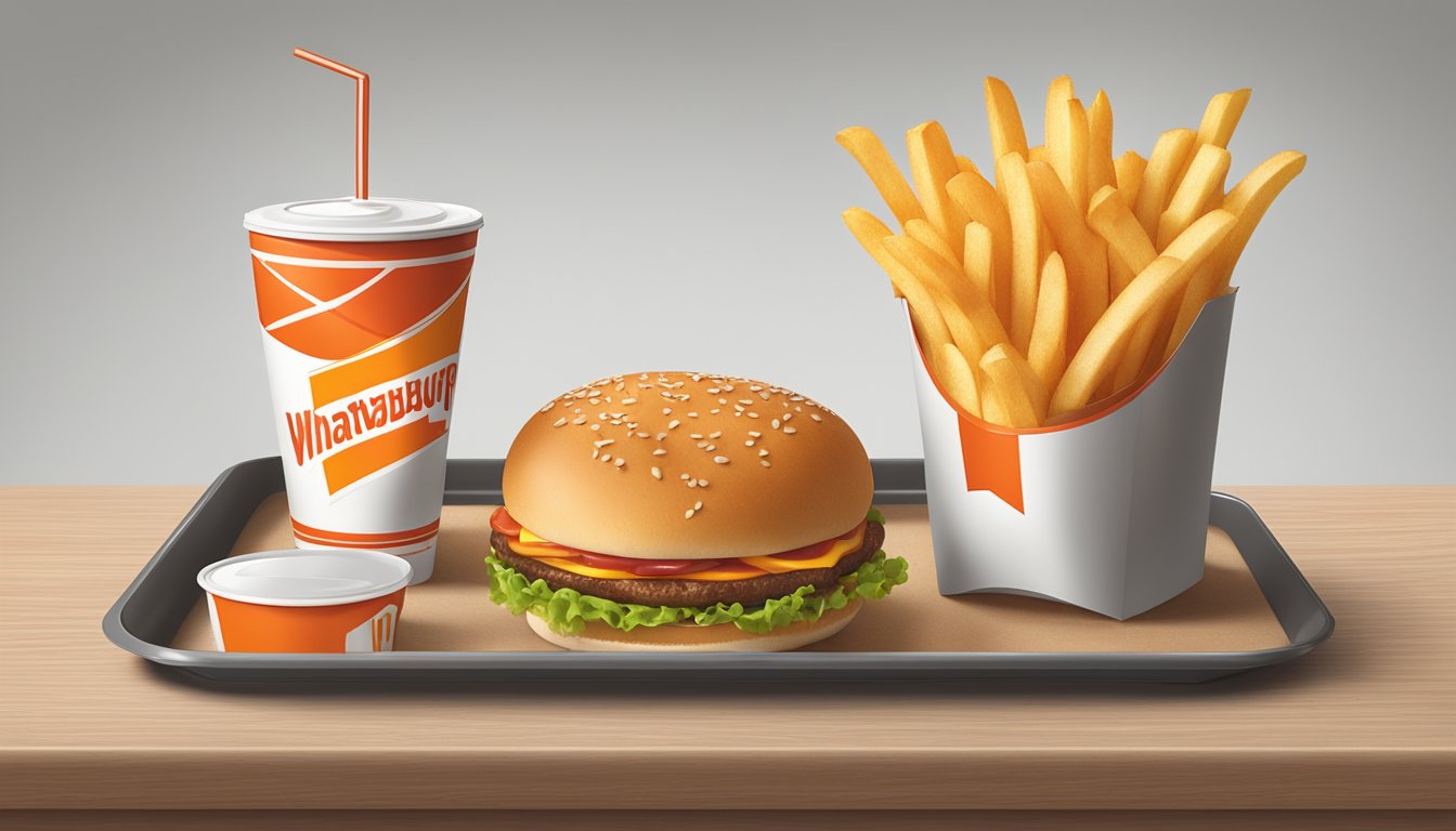 A tray with a Whataburger cup, fries, and ketchup packet on a table