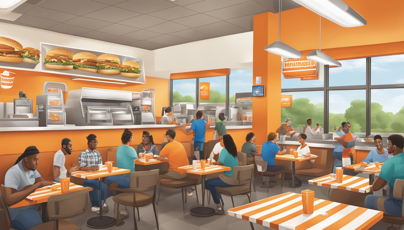 A bustling Whataburger in Concord, with customers enjoying their meals and providing feedback to attentive staff