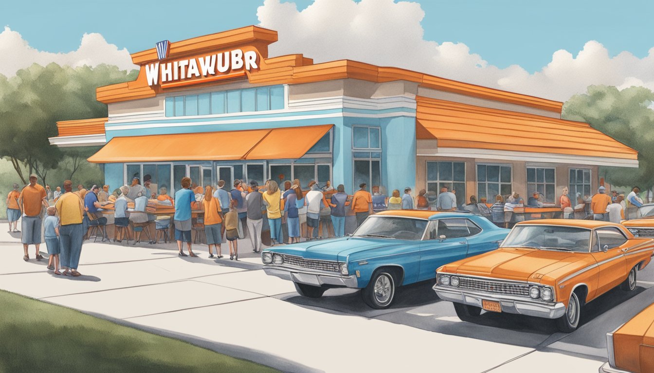 A bustling WhatABurger in Concord, with a line of cars at the drive-thru, families at outdoor tables, and employees setting up for a community event