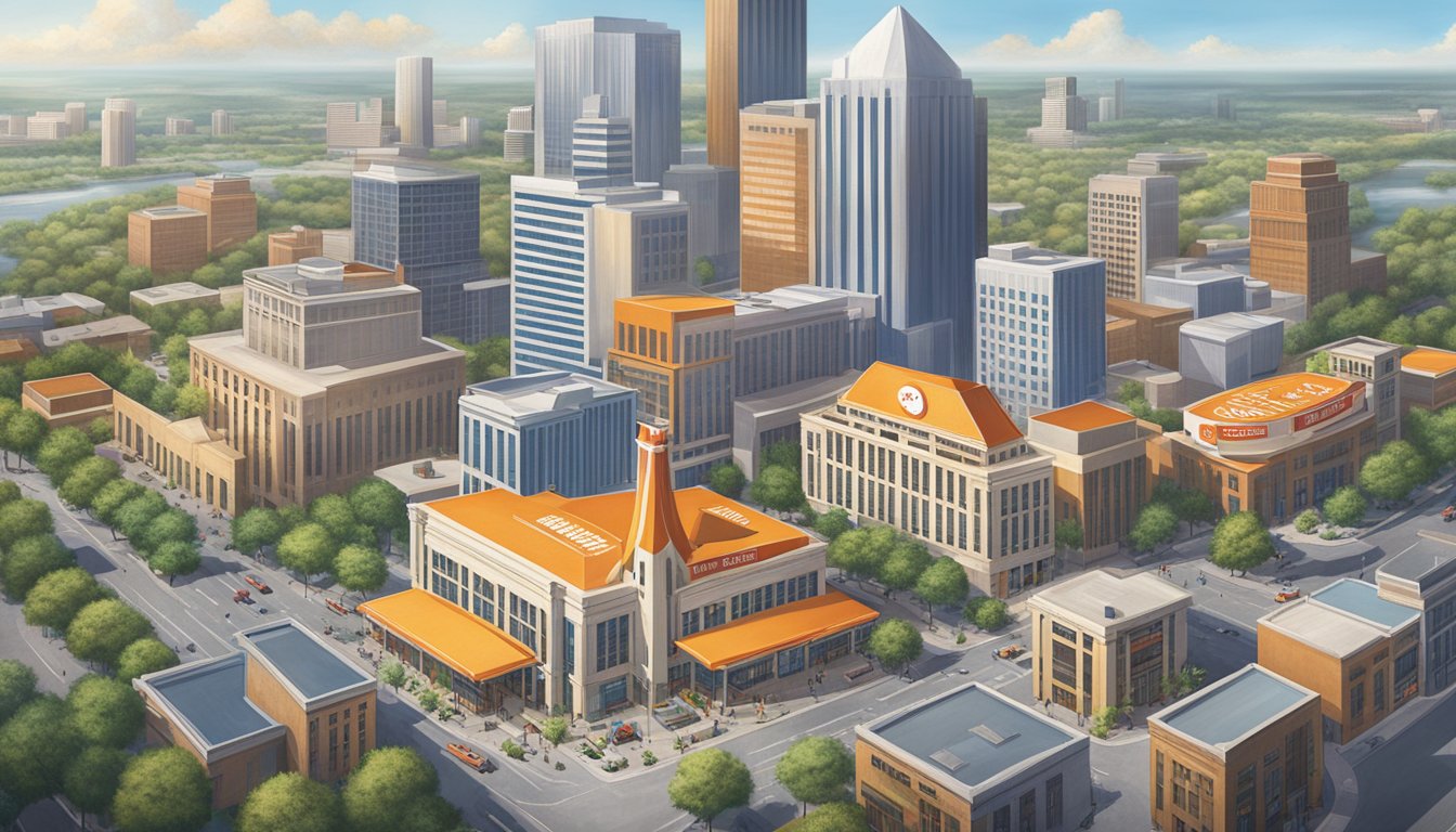 A bustling cityscape with a prominent Whataburger restaurant surrounded by other corporate buildings, symbolizing the company's strategic expansion and presence in the corporate world