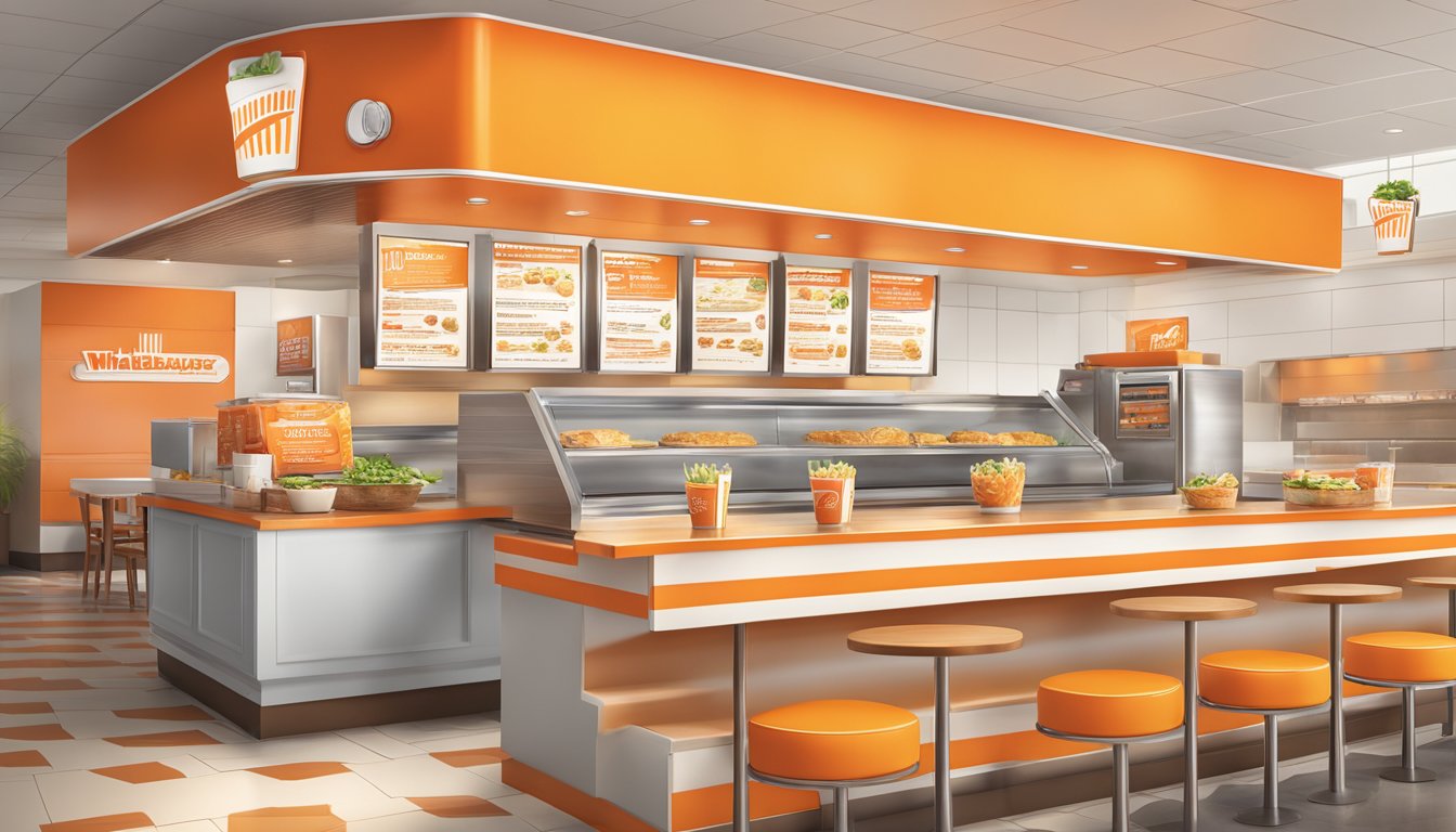 A mouthwatering spread of Whataburger menu items displayed on a clean, modern counter. Vibrant colors and enticing textures invite the viewer to indulge