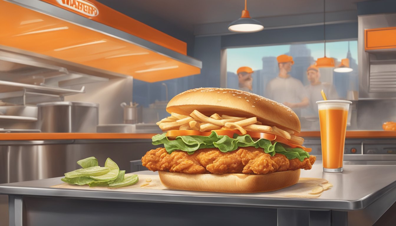 A sizzling chicken strip sandwich is being prepared in a bustling Whataburger kitchen, surrounded by the sights and smells of the restaurant's rich history