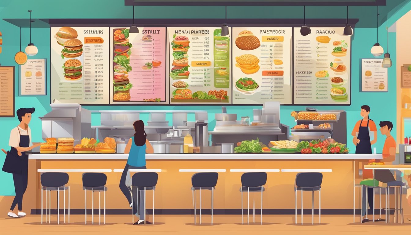 A colorful menu board with various food items and prices displayed, surrounded by a bustling restaurant environment with customers and staff