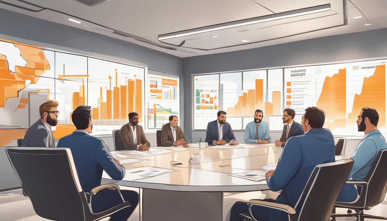 The CEO of Whataburger meets with industry partners in a modern office boardroom. They engage in a discussion, surrounded by charts and graphs on the walls