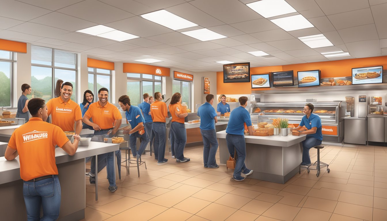 The Whataburger CEO overseeing a team creating a welcoming environment, with smiling staff and satisfied customers