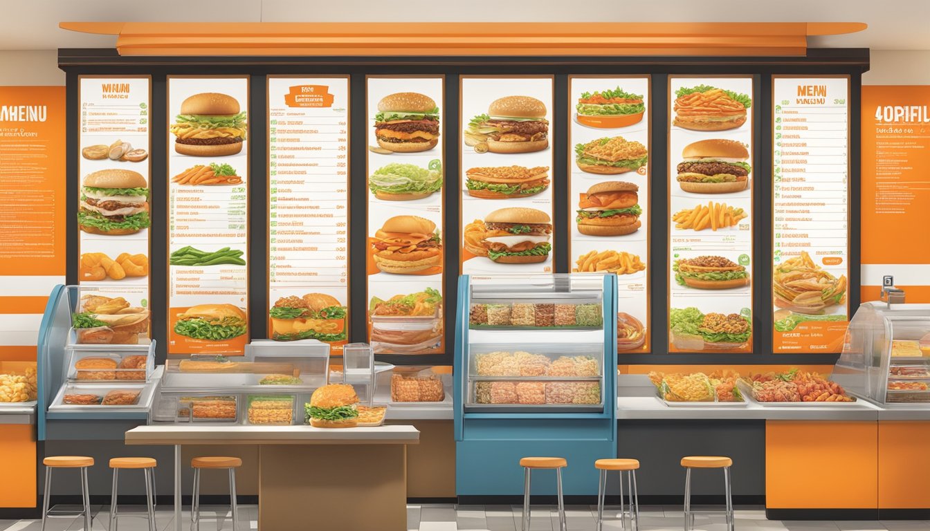 A colorful menu board featuring various food items and nutritional information at Whataburger in Greenville