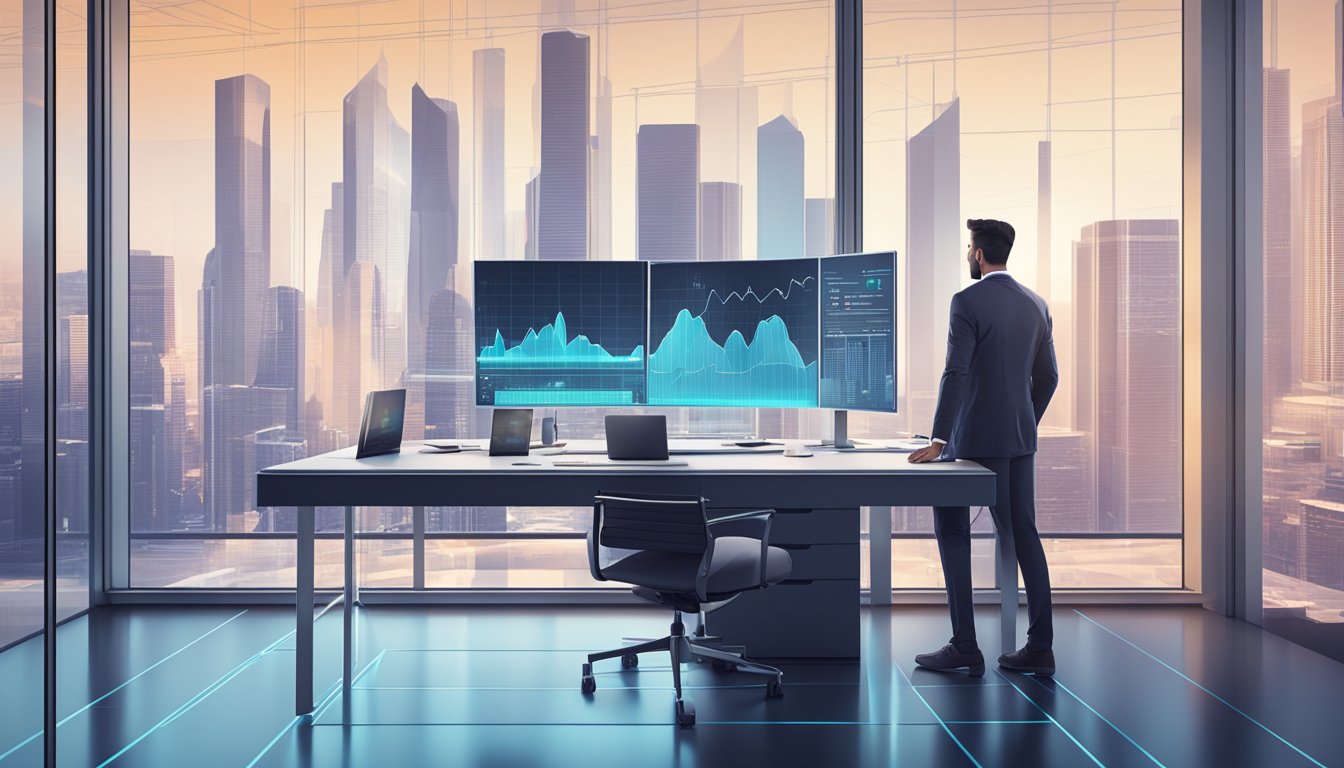 A modern office desk with a photo of the founder alongside a futuristic digital interface displaying growth charts and projections