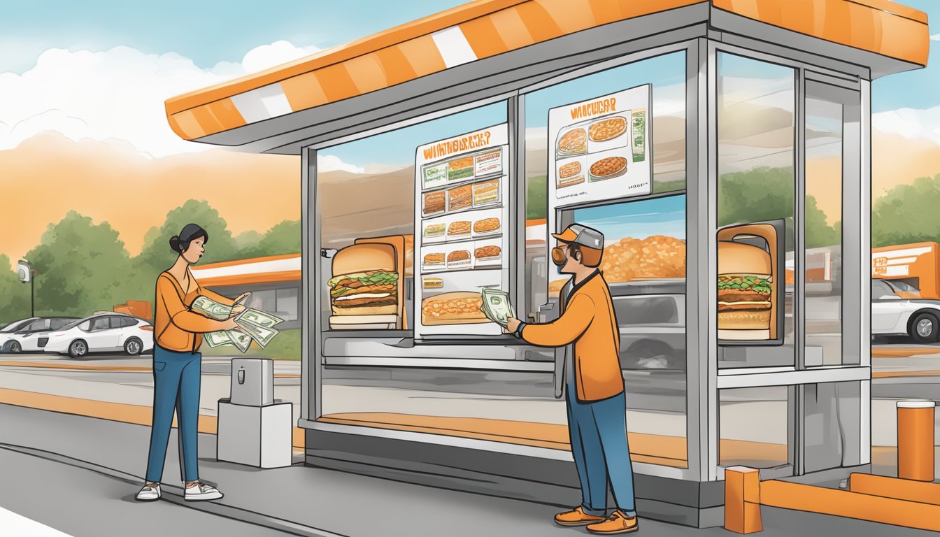 A customer at a drive-thru window, handing money to an employee while a menu board displays Whataburger's ordering options