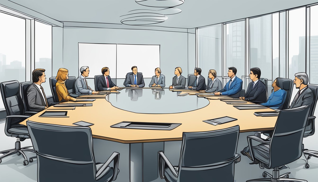 A boardroom table with an empty chair at the head, surrounded by executives in discussion