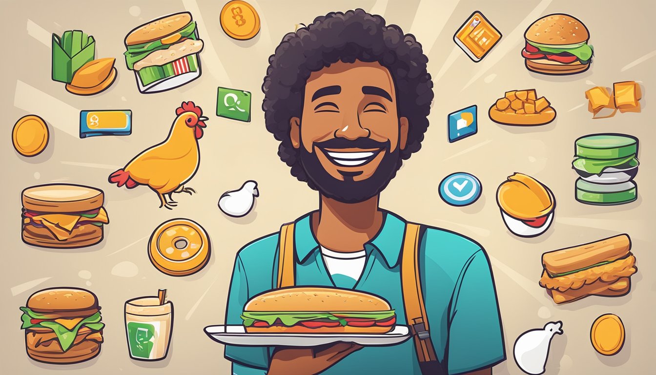 A smiling customer holding a chicken strip sandwich, surrounded by icons of rewards and loyalty points