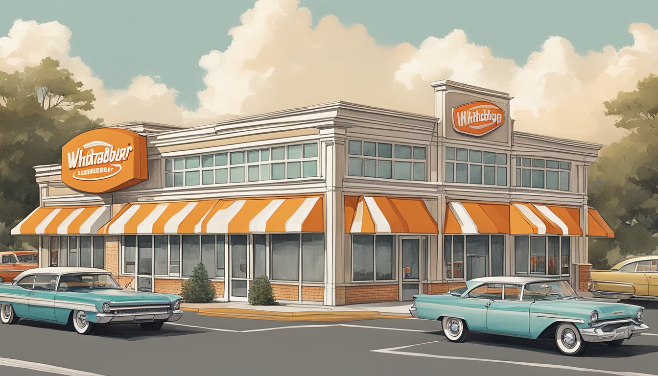 A bustling Whataburger restaurant in Conyers, GA, with a vintage exterior and a drive-thru line of cars stretching around the building