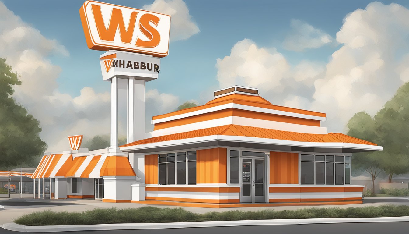 A Whataburger restaurant in Conyers, GA, with the iconic orange and white striped building and the signature "W" logo on the sign