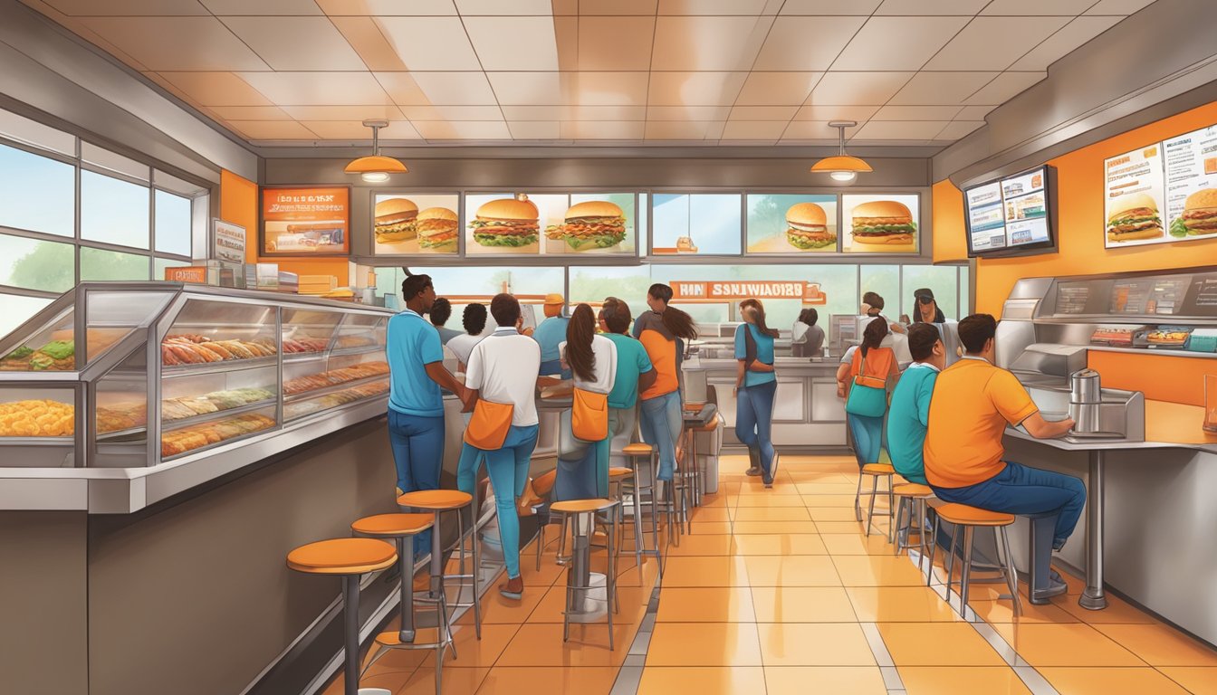 A bustling Whataburger restaurant with a colorful menu board and customers ordering at the counter