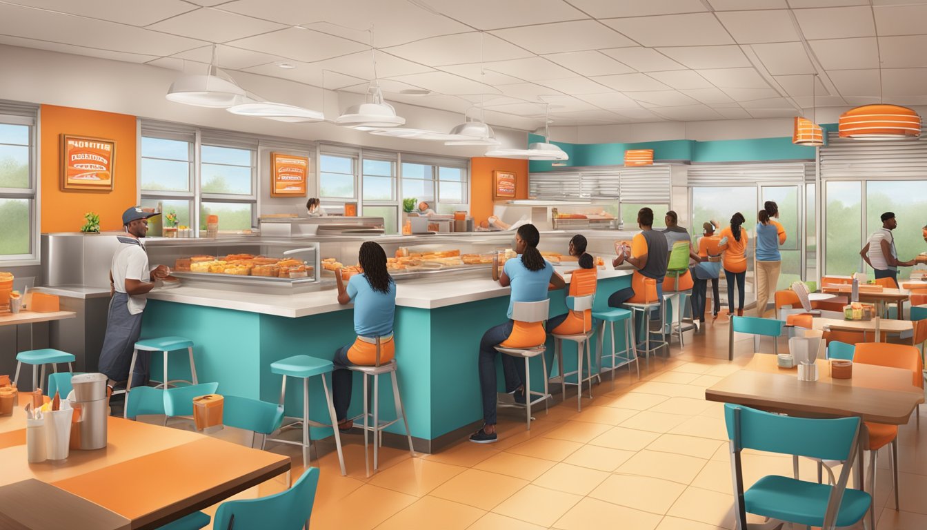 A bustling Whataburger restaurant in Conyers, GA, with a colorful interior, busy kitchen, and customers enjoying their dining experience