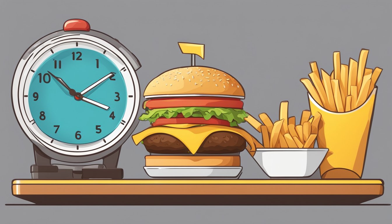 A clock showing the time between 11:00 am and 2:00 pm with a burger and fries on a tray