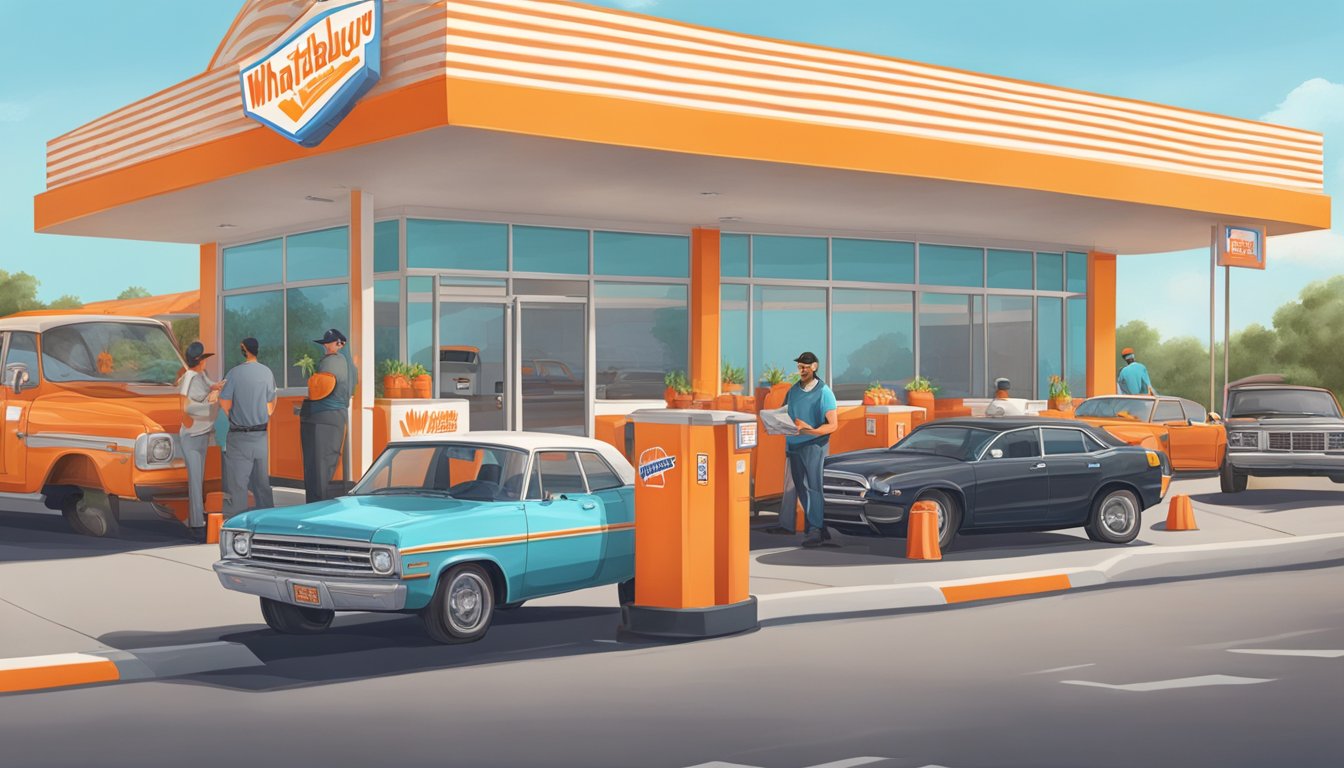 A Whataburger drive-thru with cars lined up, a delivery driver dropping off orders, and a customer picking up their order at the counter