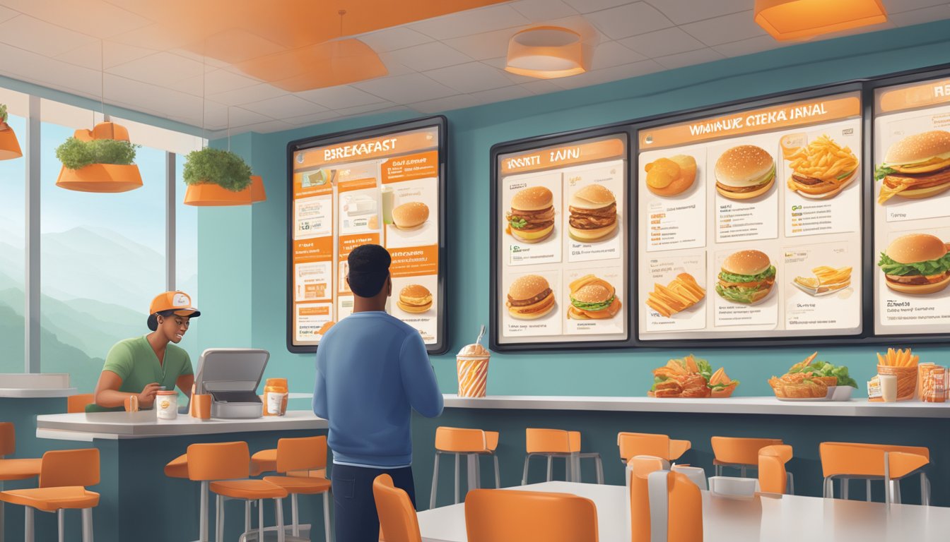 A person looking at a menu with breakfast and lunch items displayed on a digital screen at a Whataburger restaurant