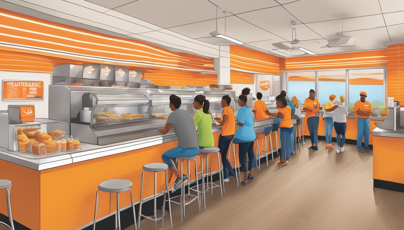 The bustling interior of a WhatABurger restaurant in Conyers, GA, with customers ordering at the counter and staff preparing and serving food behind the counter