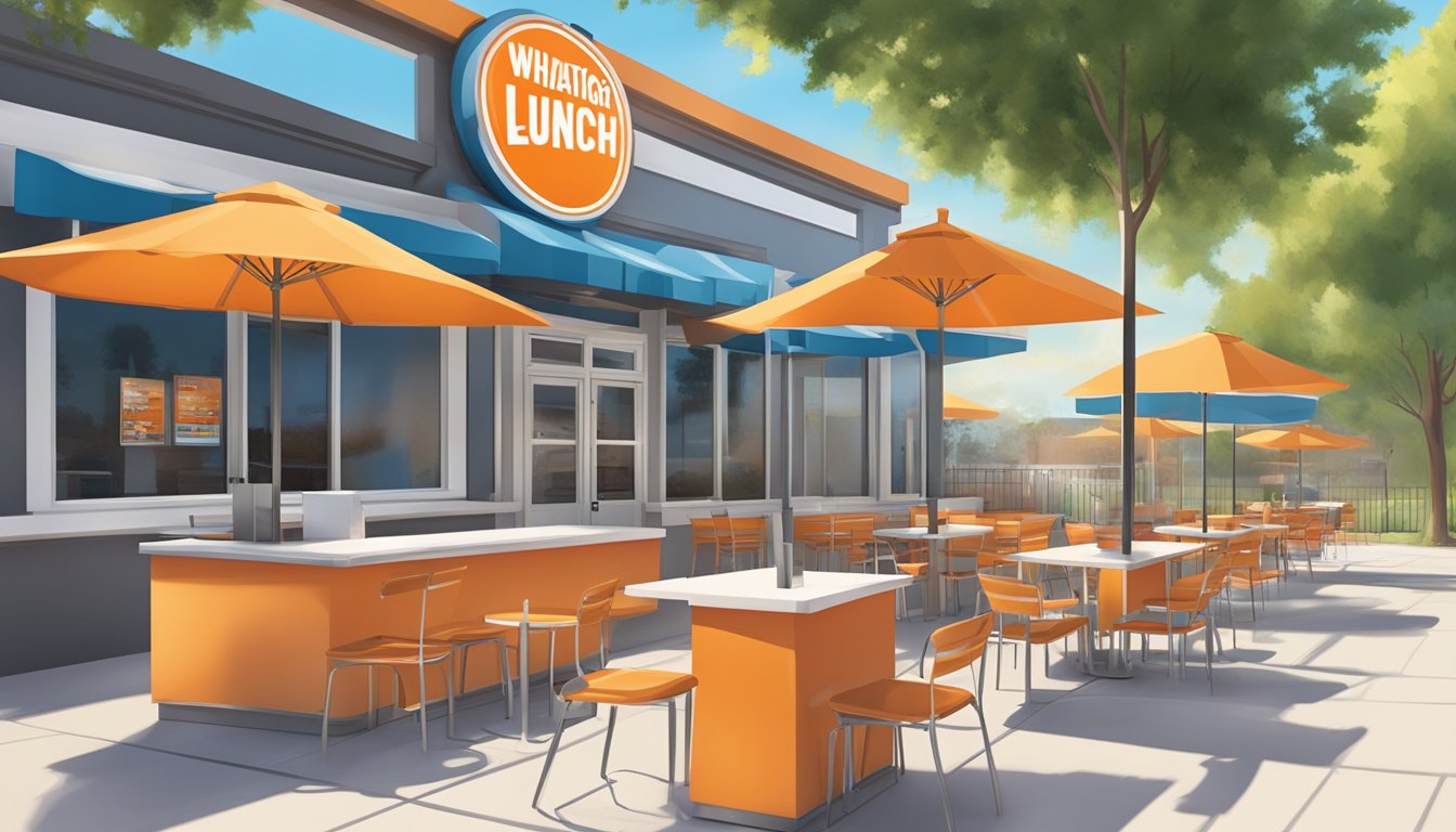 A sunny outdoor patio with a colorful menu board and a clock showing the time for lunch service at Whataburger