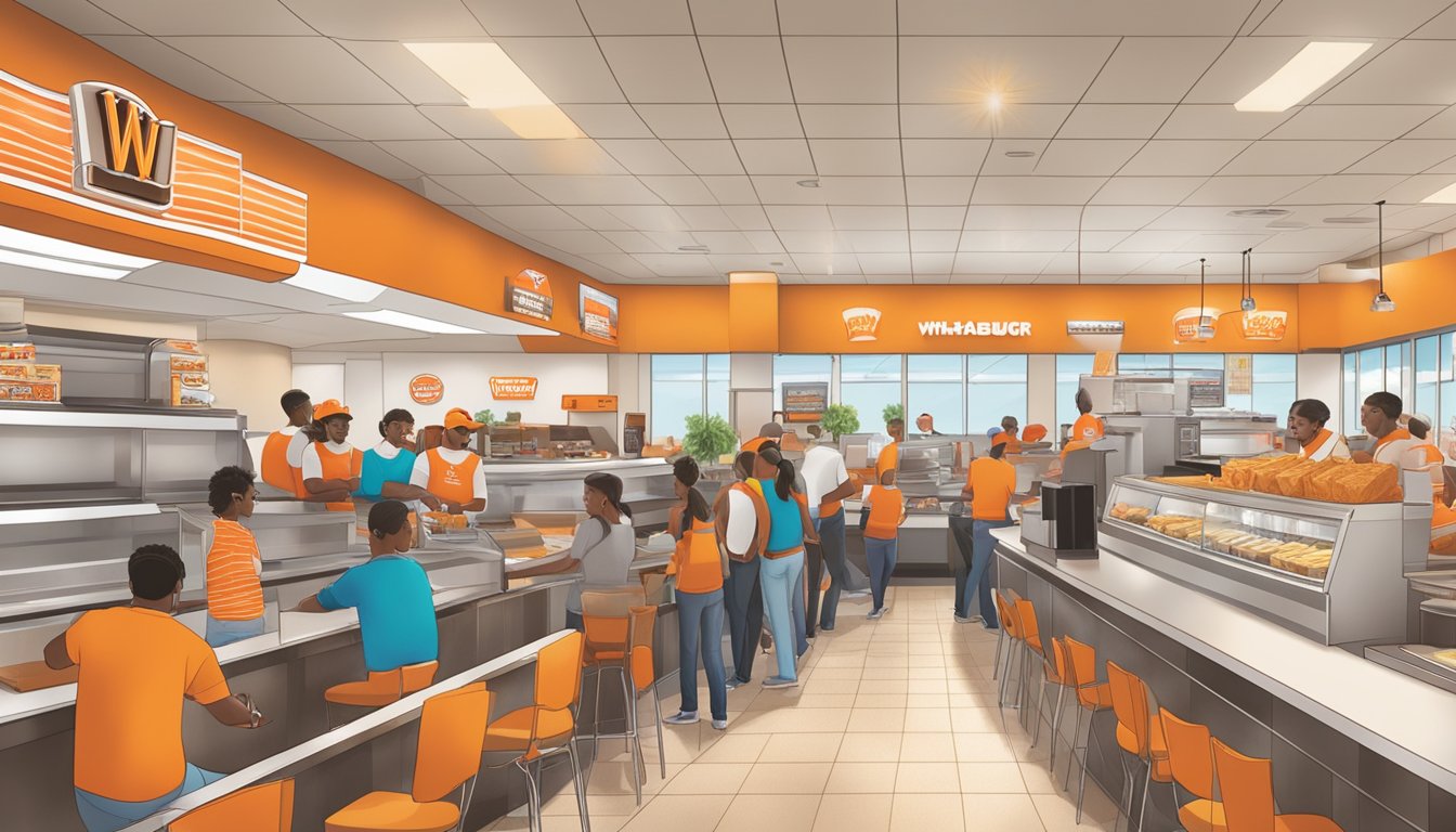 A bustling Whataburger restaurant in Conyers, GA, with a line of loyal customers receiving rewards and discounts at the counter