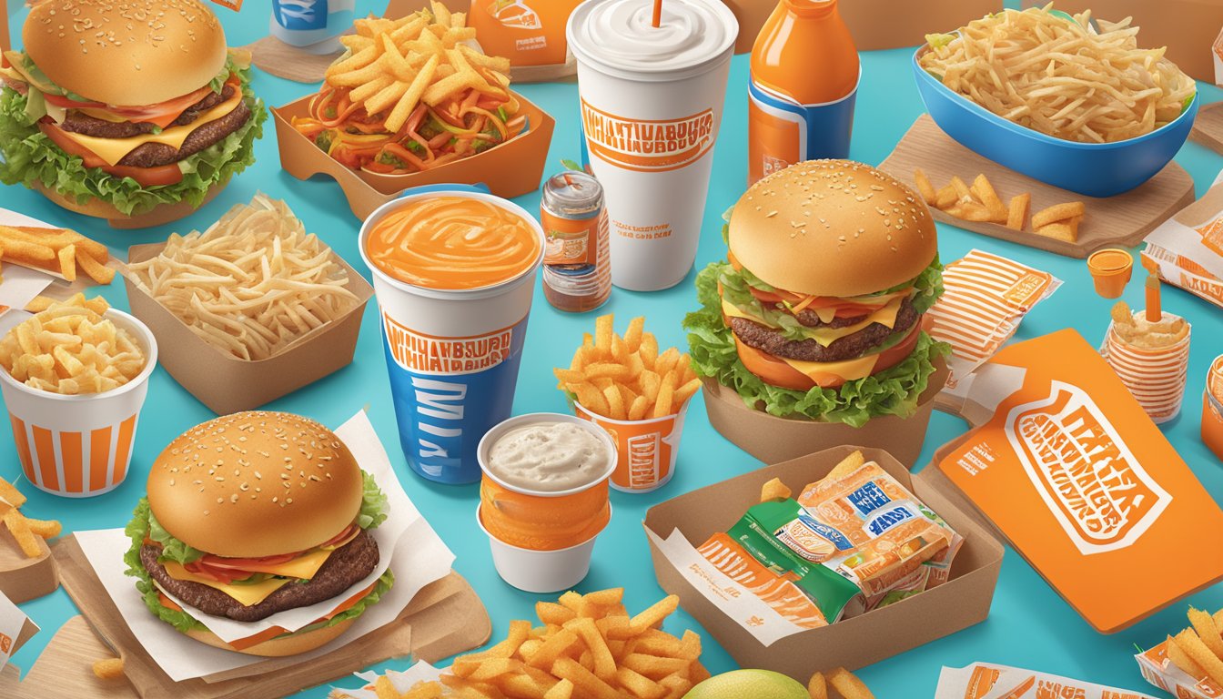 A colorful display of whataburger coupons and deals, surrounded by enticing food items and beverages