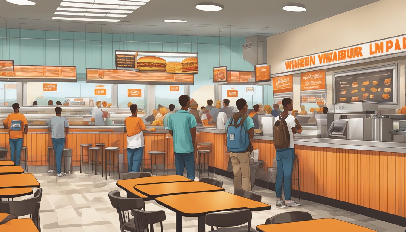 A bustling Whataburger restaurant with a menu board displaying prices and value meals, as customers line up during lunchtime