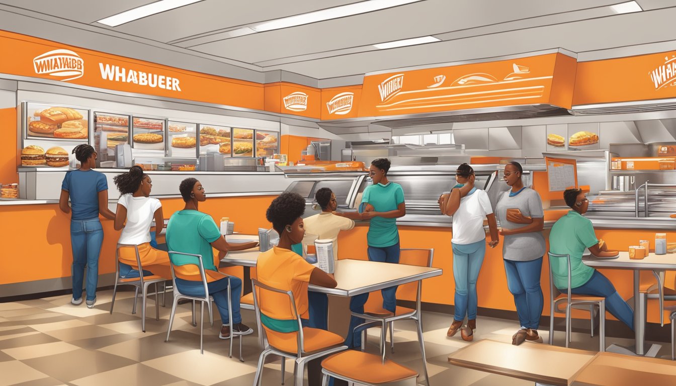 A bustling Whataburger in Conyers, GA with customers enjoying their meals, staff working behind the counter, and a sense of community engagement