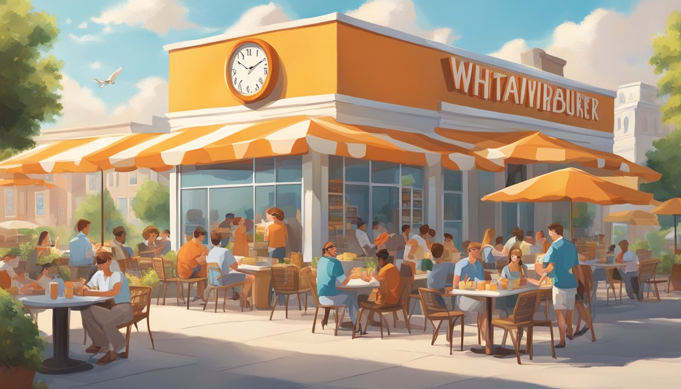 A sunny outdoor scene with a clock showing noon, a Whataburger sign, and people enjoying lunch