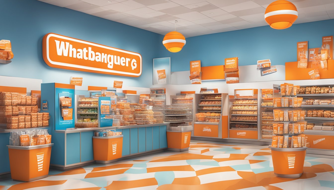 A colorful display of Whataburger merchandise and coupons, with a banner advertising special offers for 2024