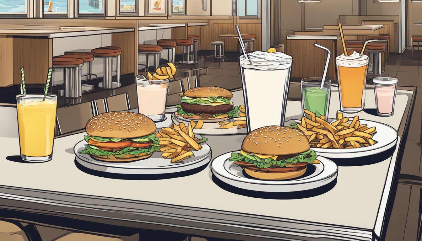 A table set with burgers, fries, sodas, and milkshakes, with a clock showing noon