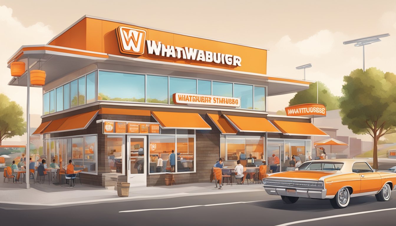 A bustling Whataburger restaurant with drive-thru and online ordering options, customers using coupons for discounts