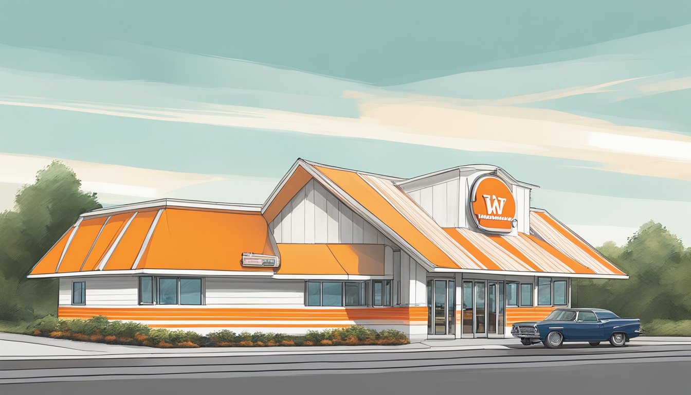 The iconic Whataburger restaurant in Longview, TX, with its distinctive orange and white striped A-frame building, bustling drive-thru, and nostalgic signage