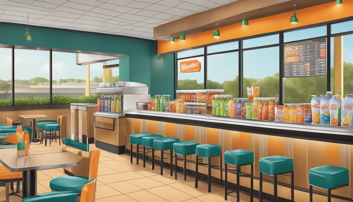 A table with various drink options at a Whataburger restaurant in Longview, TX