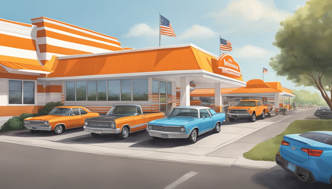 A bustling Whataburger drive-thru in Longview, TX with cars lined up under the bright orange and white striped awning