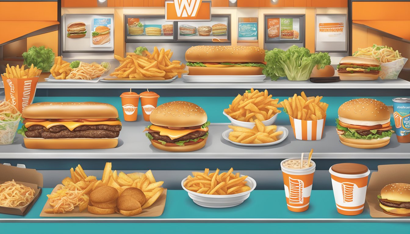 A colorful menu board with the Whataburger logo and various food items displayed, with a map showing the closest Whataburger location