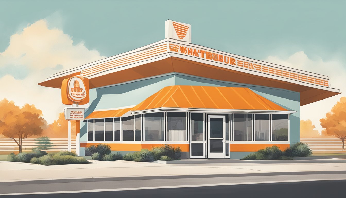 A vintage Whataburger restaurant in Bartlesville, with mid-century architecture and a large orange and white striped A-frame roof