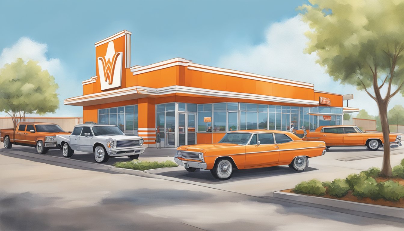 A bustling Whataburger restaurant in Longview, TX with a drive-thru, outdoor seating, and iconic orange and white striped building