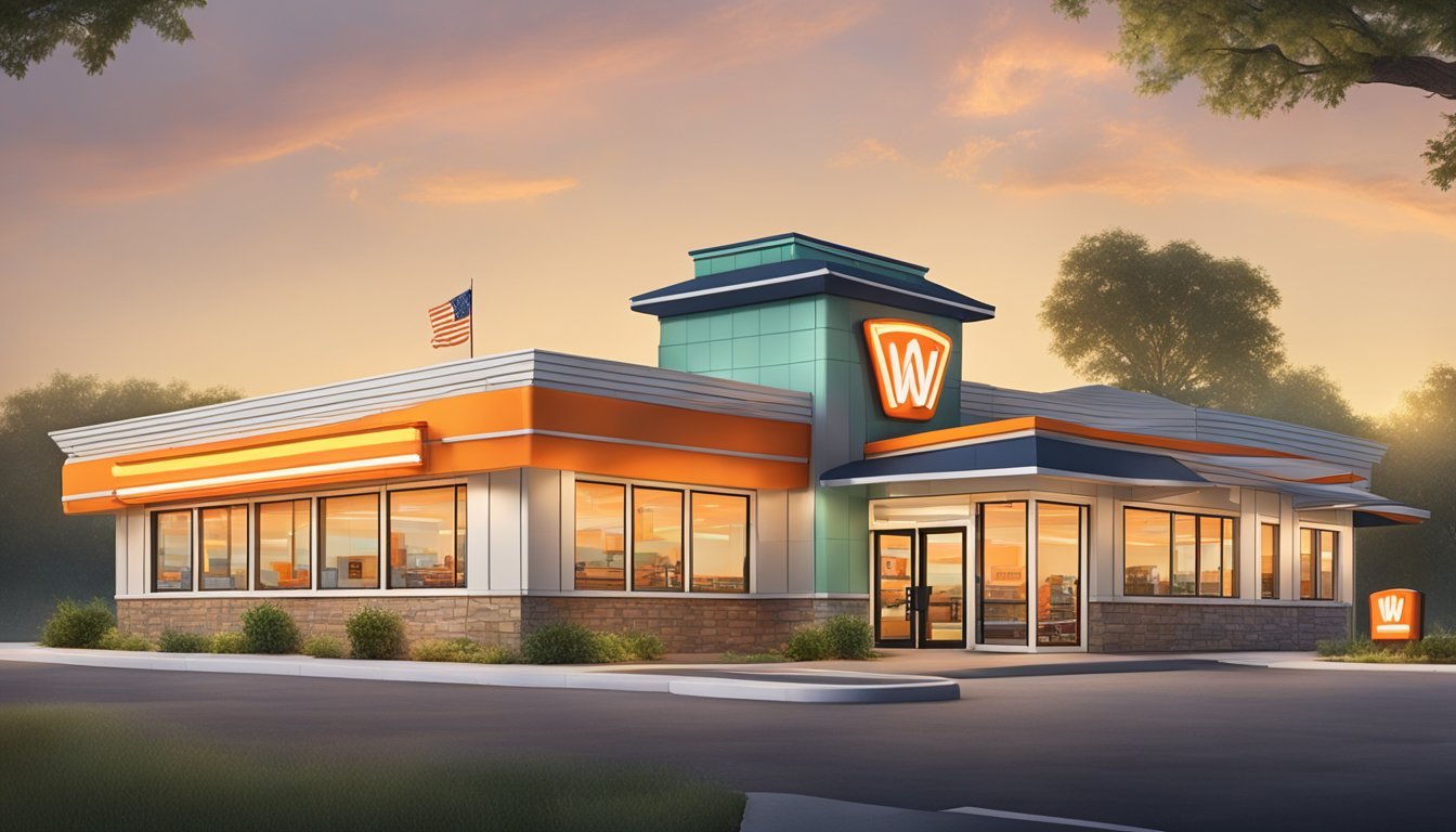 A Whataburger restaurant with a 24-hour drive-thru, wheelchair accessible entrance, and illuminated signage