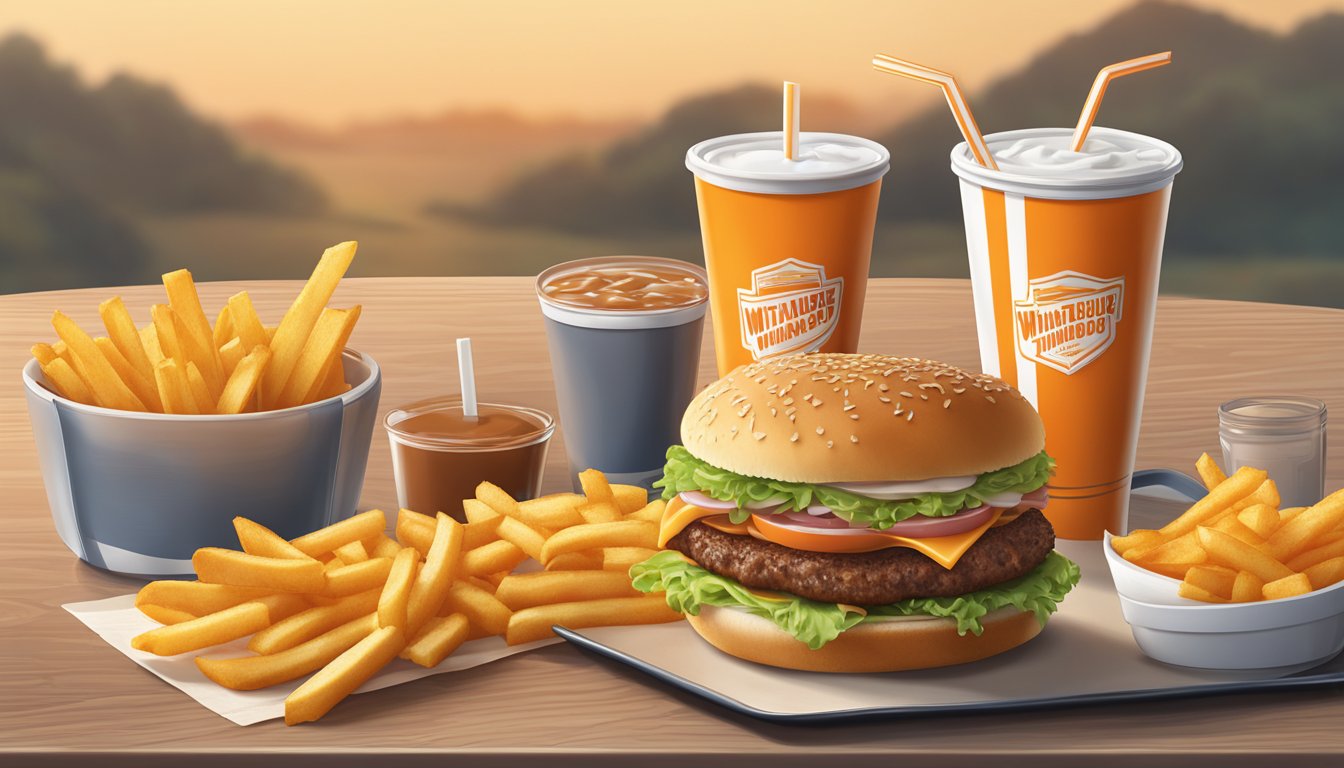 A classic Whataburger meal set on a table with a drink and fries