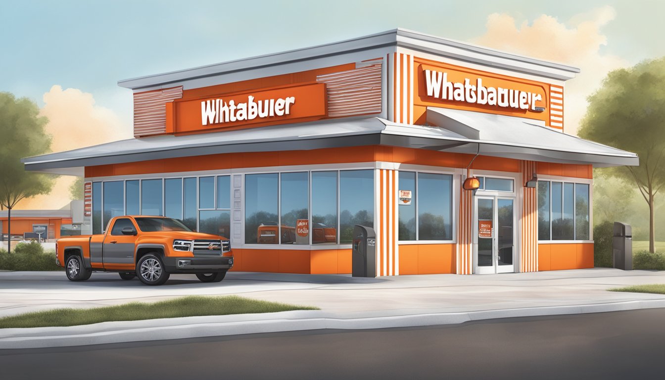 A Whataburger store in Longview, TX with a red and white striped building, a drive-thru, and a large outdoor sign