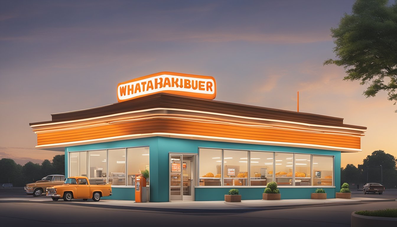 The Whataburger in Bartlesville is brightly lit, with cars lined up at the drive-thru and a few customers dining inside. The restaurant sign is prominently displayed, and the surrounding area is well-maintained