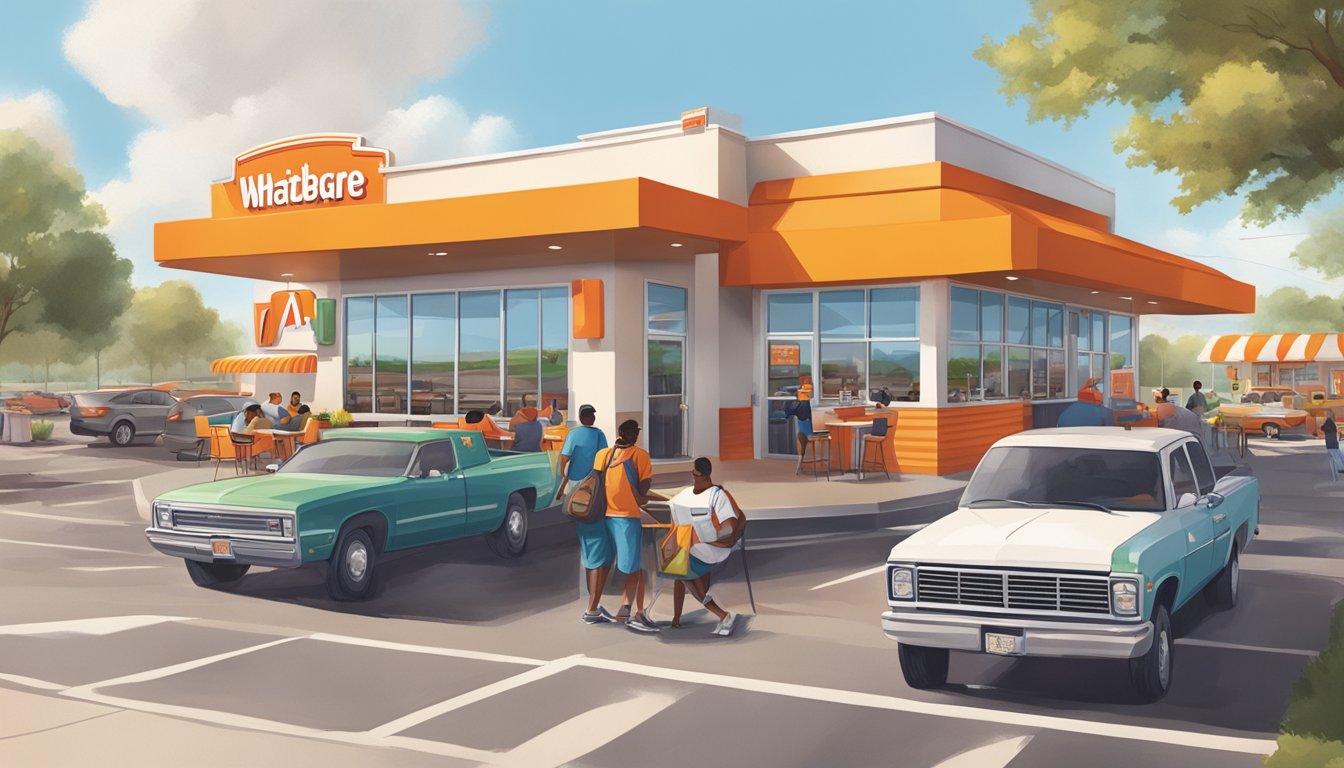 A bustling Whataburger restaurant with a vibrant drive-thru and outdoor seating, surrounded by a diverse community