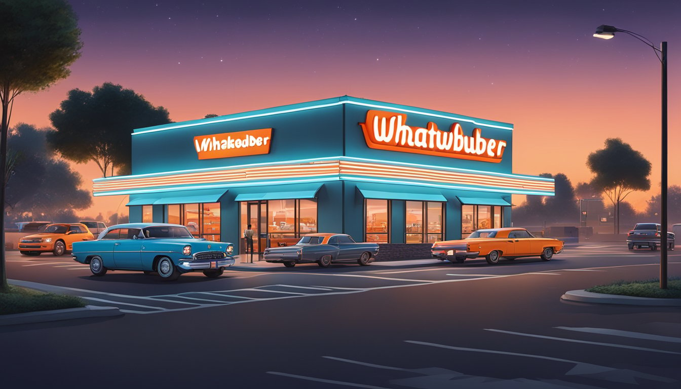 A Whataburger restaurant sits at the edge of a busy intersection, with a drive-thru line of cars and a neon sign glowing in the night