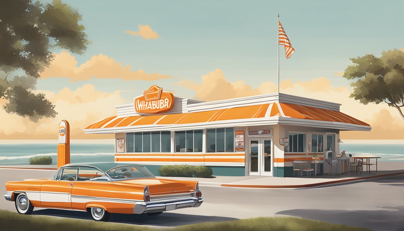 A vintage Whataburger restaurant in St. Augustine, Florida, with a classic orange and white striped exterior, a retro sign, and a busy drive-thru lane