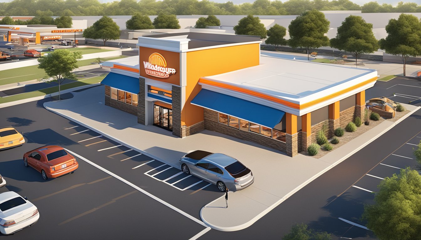 A bustling Whataburger restaurant in Bartlesville, with a drive-thru line and a well-lit dining area, surrounded by ample parking