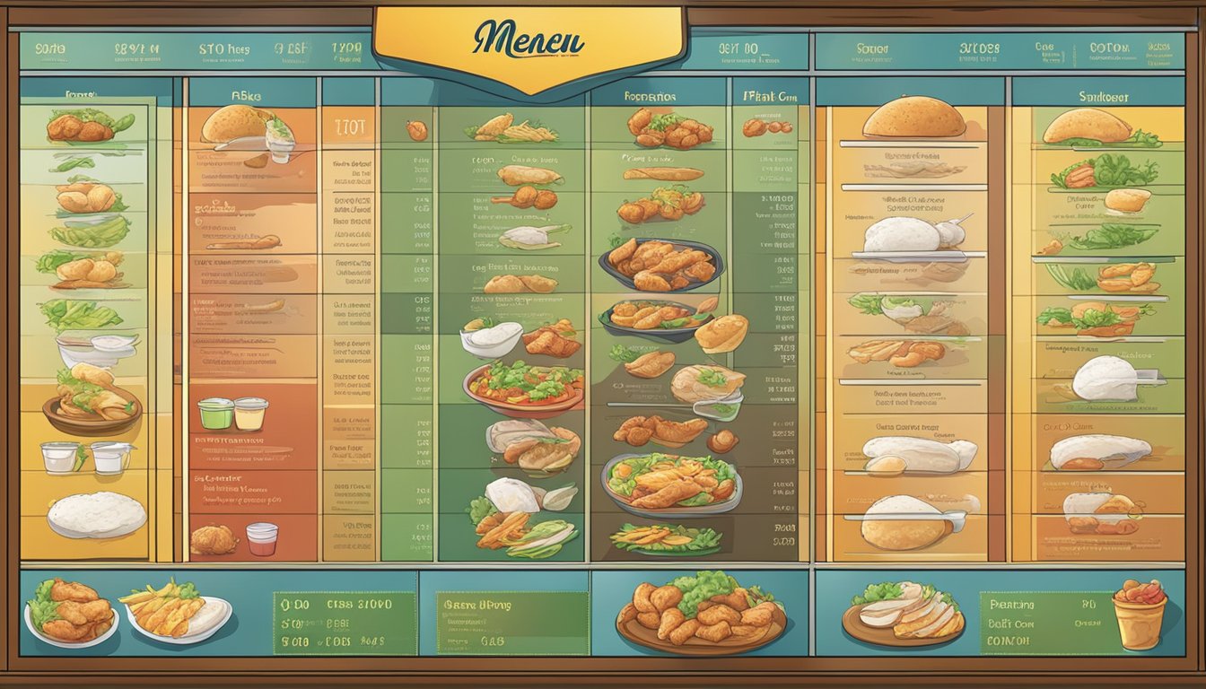 A colorful menu board with various chicken selections displayed, prices listed with tax included