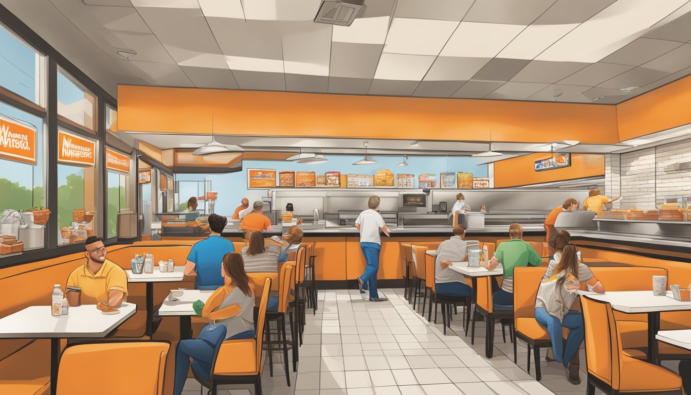 A bustling Whataburger restaurant in St. Augustine, filled with customers enjoying their meals and engaging with staff