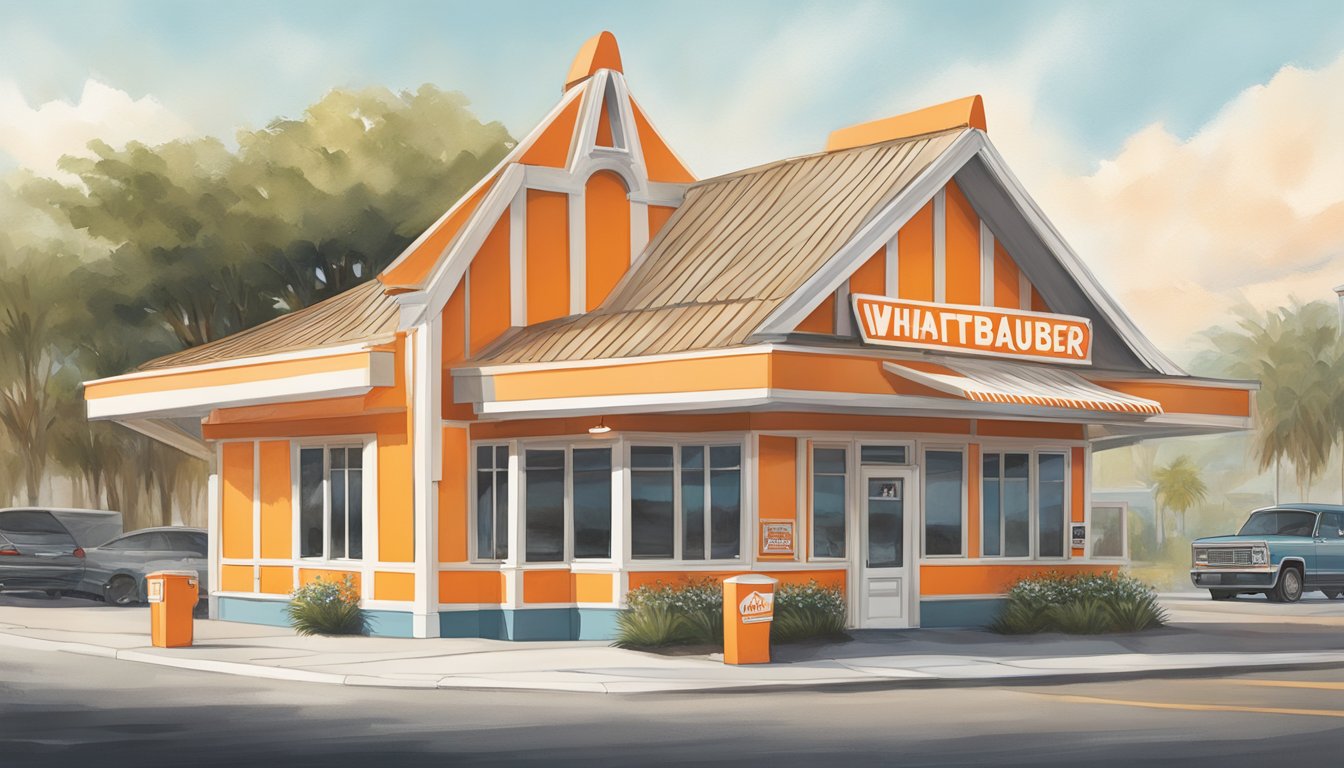 A classic Whataburger restaurant in St. Augustine, with the iconic orange and white striped building and the signature A-frame roof