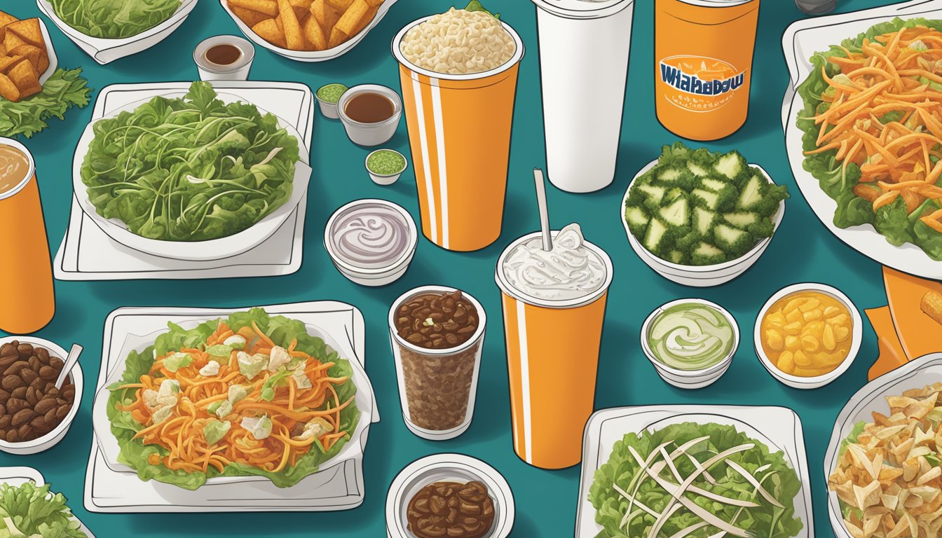 A colorful array of salads and sides displayed on a Whataburger menu, with prices including tax