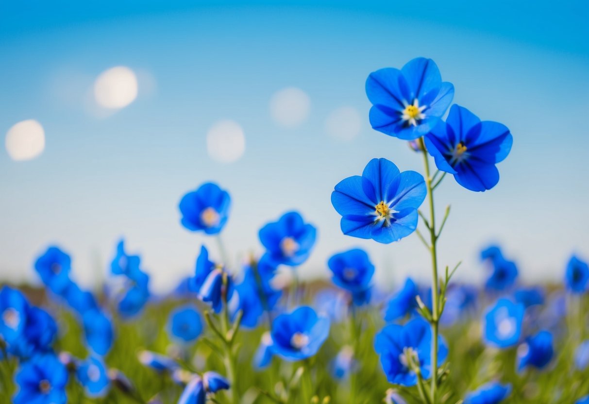 A field of vibrant blue flowers swaying in the gentle breeze under a clear blue sky